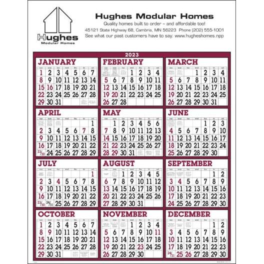 Logo Burgundy/White Big Numbers Span-A-Year Calendars - Promotional Pens Singapore - Gifts VV Free Setup 客製 - Promotional Pens Singapore - Gifts VV See Item Burgundy/White Big Numbers Span-A-Year Calendar