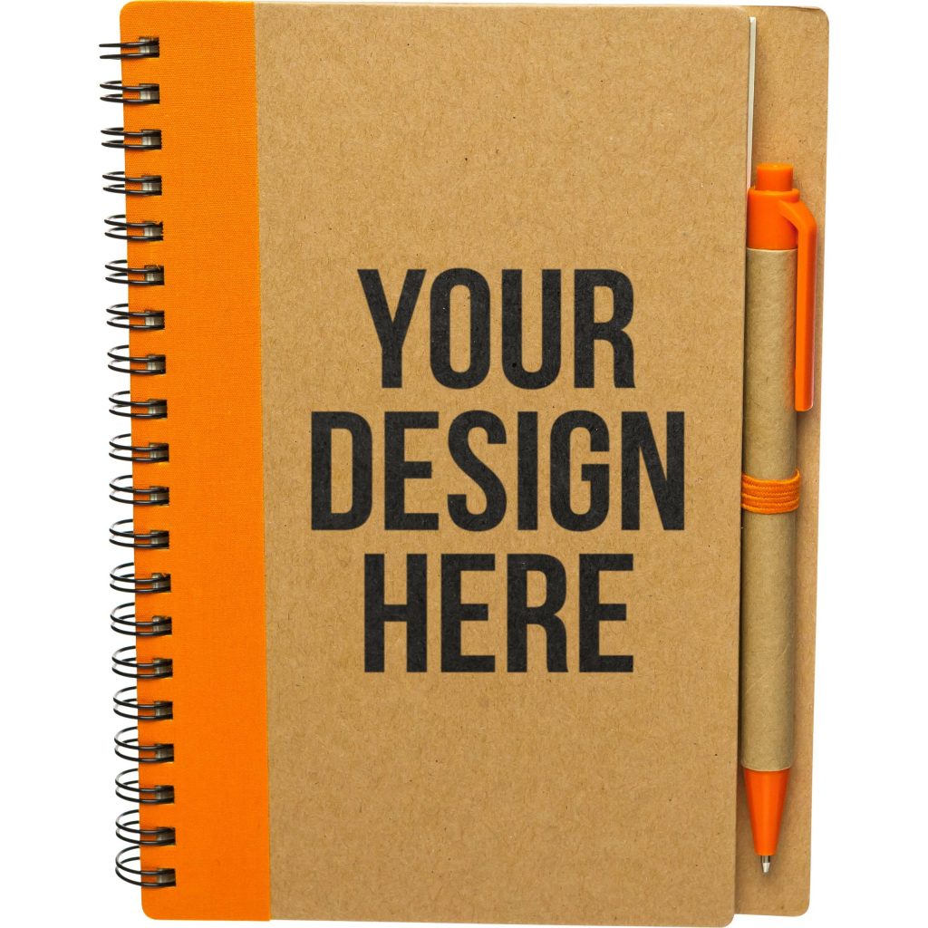 Printed Eco-Inspired Spiral Notebook and Pens - Promotional Pens Singapore - Gifts VV Available in 5 exciting item colors 客製 - Promotional Pens Singapore - Gifts VV Natural / Orange Eco-Inspired Spiral Notebook and Pen