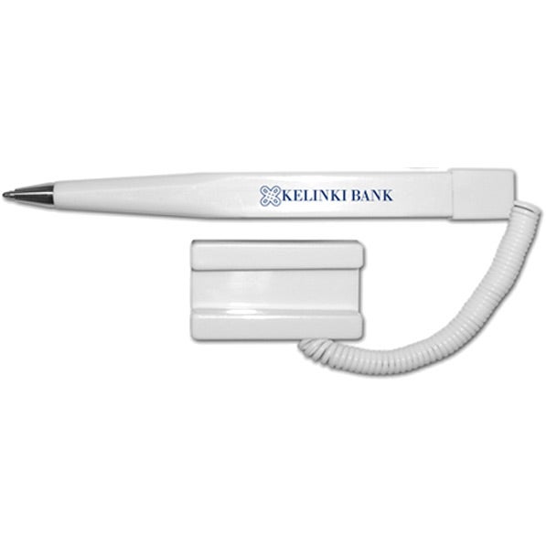 Marketing Financier Pens with Coil Cord and Stick On Base - Promotional Pens Singapore - Gifts VV Available in 2 awesome item colors 客製 - Promotional Pens Singapore - Gifts VV White Financier Pen with Coil Cord and Stick On Base