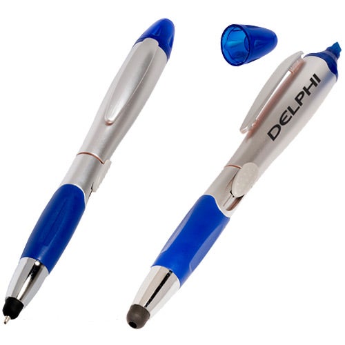 Silver / Blue Triple Play Stylus Pen Highlighter