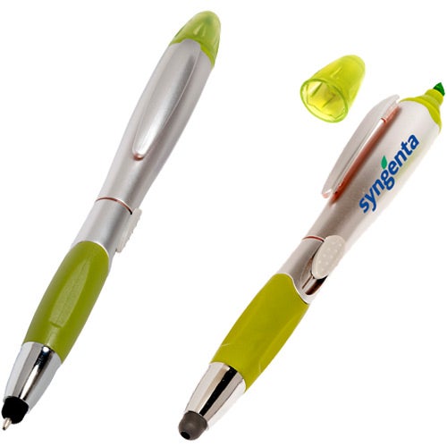 Silver / Green Triple Play Stylus Pen Highlighter
